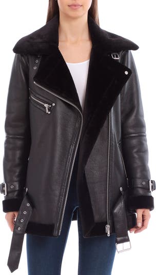 Avec Les Filles Faux Shearling Trim Faux Leather Biker Jacket
