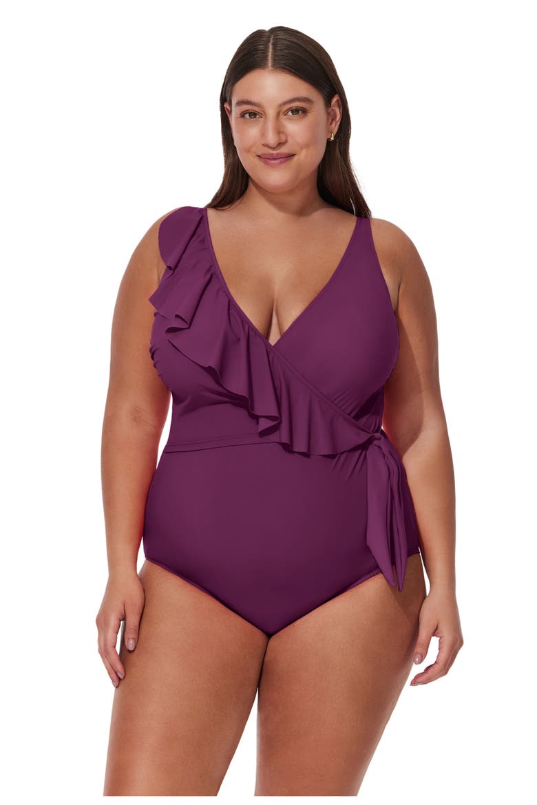 Tutti Frutti Plus Size Ruffle Surplice One Piece, Main, color, Wine