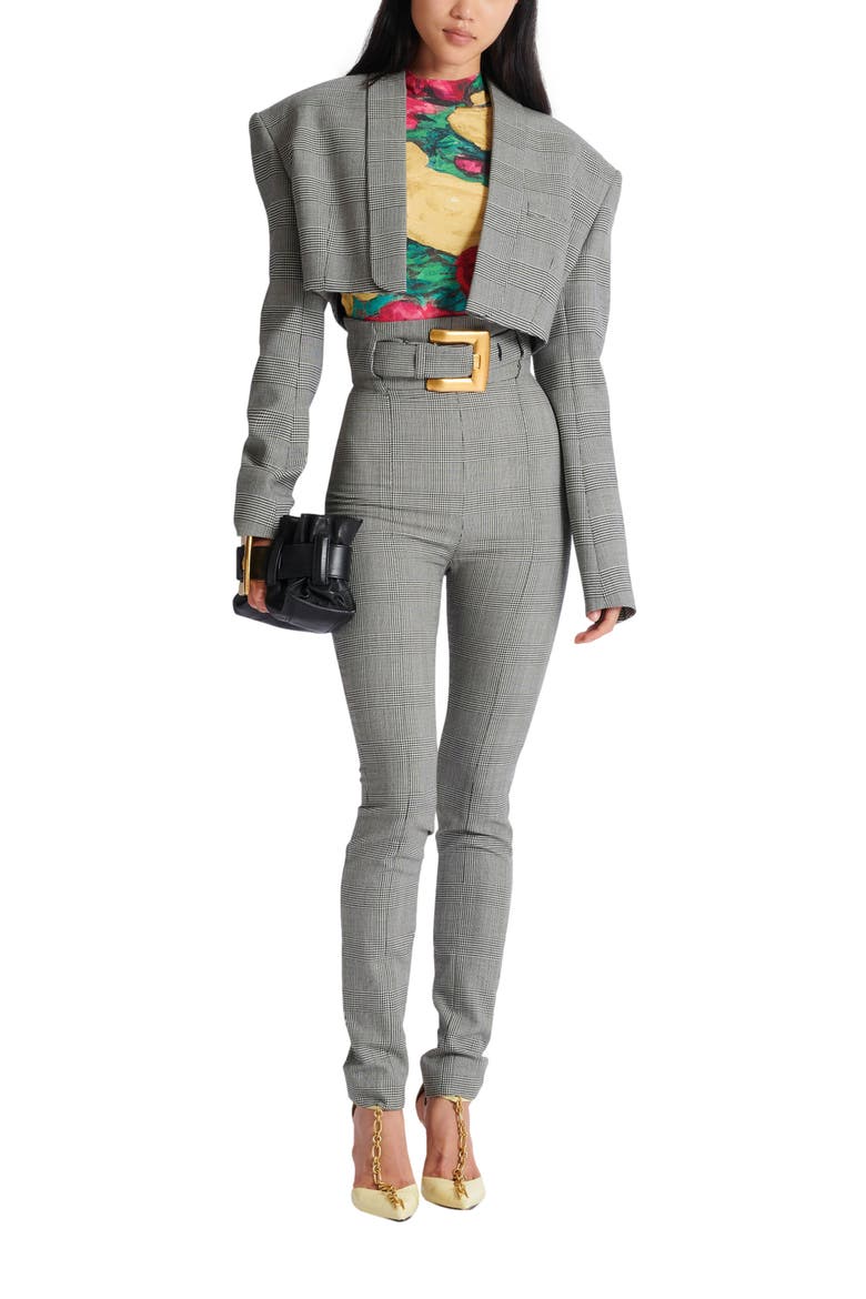 Cropped jacket in Prince of Wales jacquard, Alternate, color, black