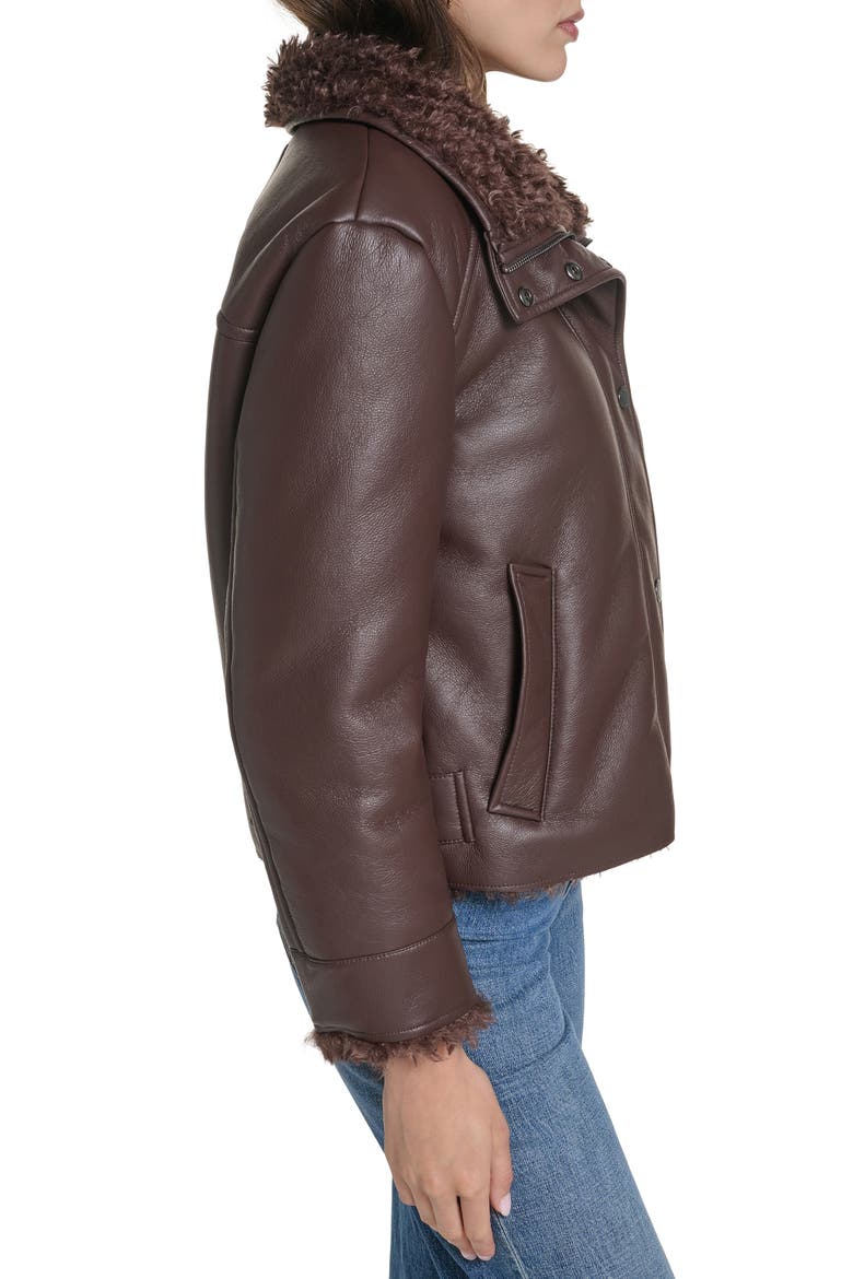 Faux Leather Cropped Jacket with Faux Shearling Lining, Alternate, color, BROWN