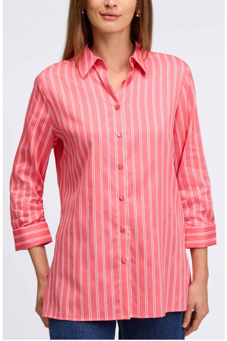 Evelyn Stripe Three-Quarter Sleeve Cotton Button-Up Shirt, Main, color, SUNKISSED CORAL/ WHITE