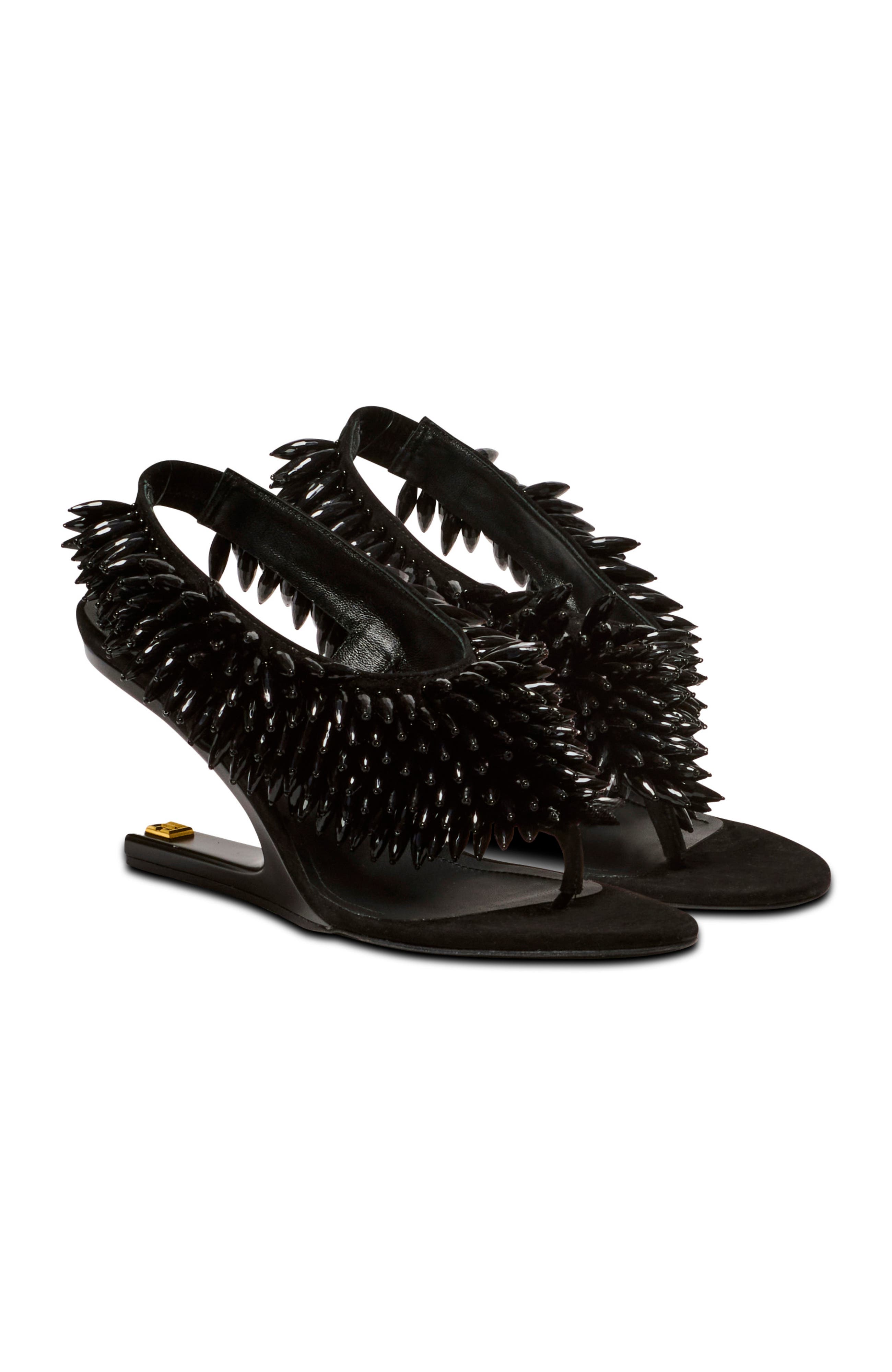 Balmain "No Wedge" beaded suede sandals, Main, color, Black