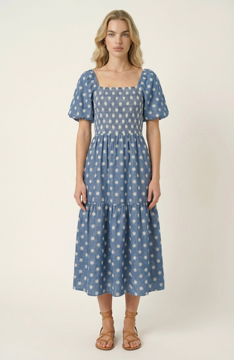 Modenaire Smocked Puff-Sleeve Midi Dress with Tiered Skirt and Pockets, Main, color, Blue / White Floral
