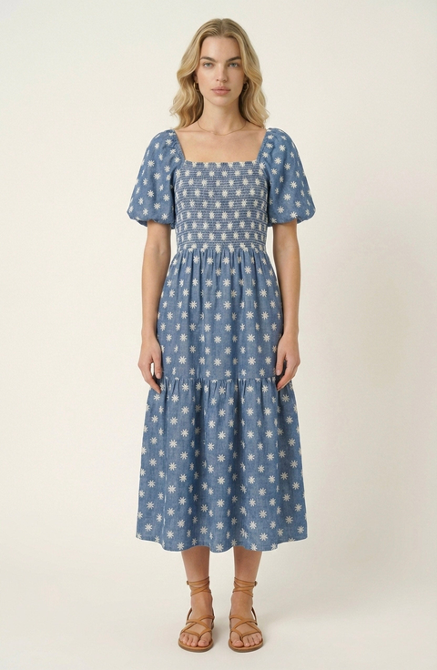Smocked Puff-Sleeve Midi Dress with Tiered Skirt and Pockets
