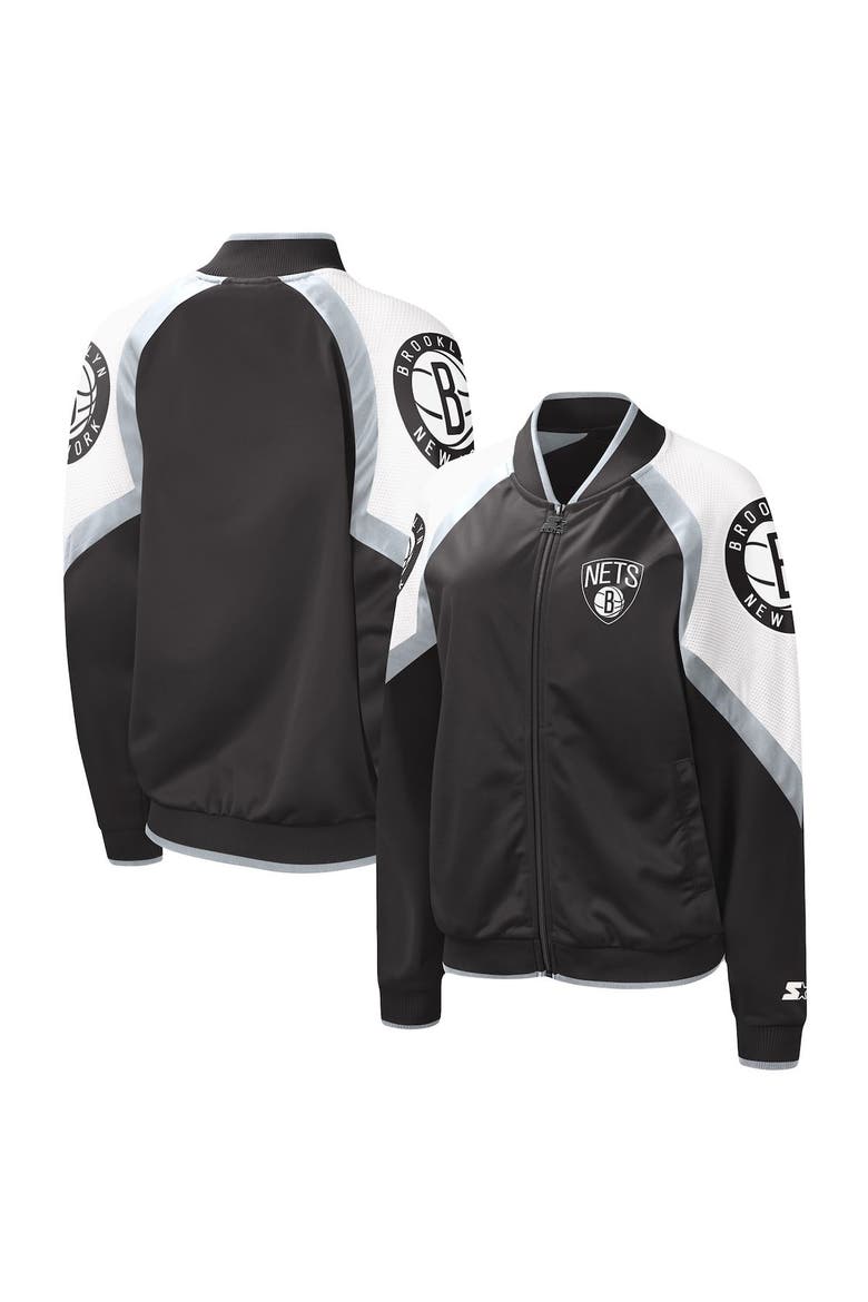 Women's Starter Black/Silver Brooklyn Nets Fan Girl Satin Raglan Full-Zip Jacket, Main, color, Black