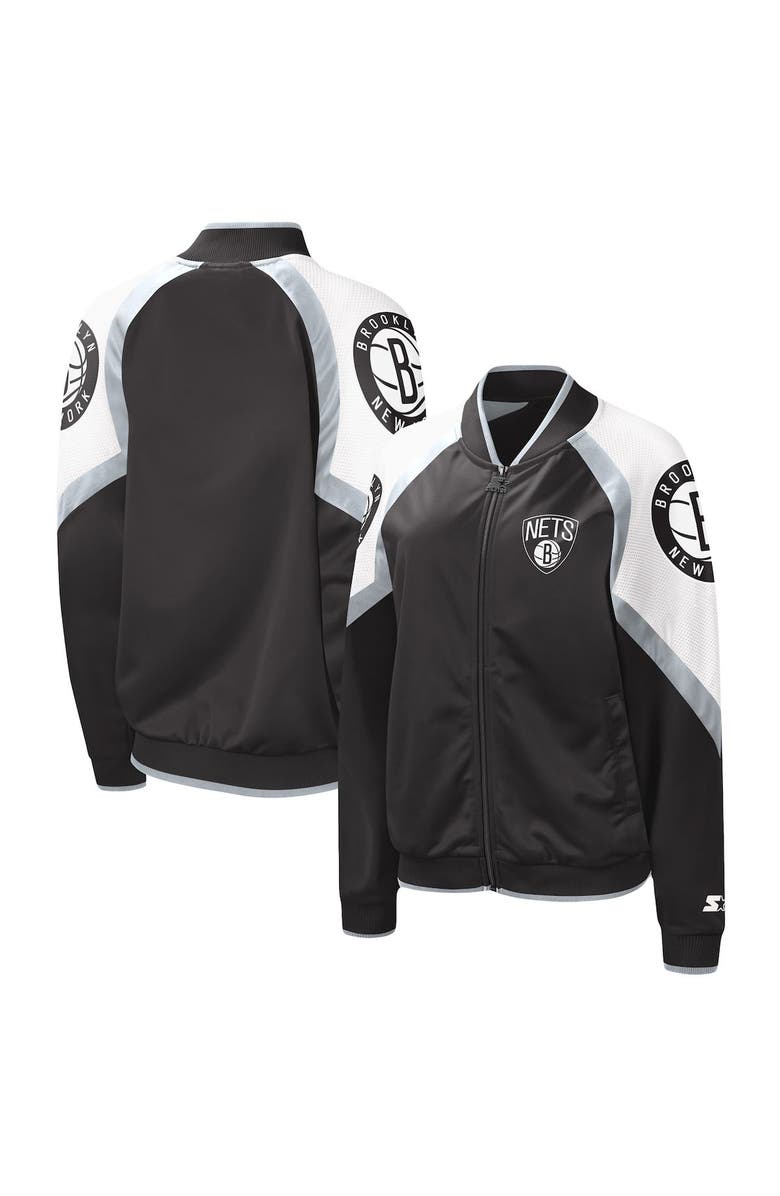 STARTER Women's Starter Black/Silver Brooklyn Nets Fan Girl Satin Raglan Full-Zip Jacket, Main, color, Black