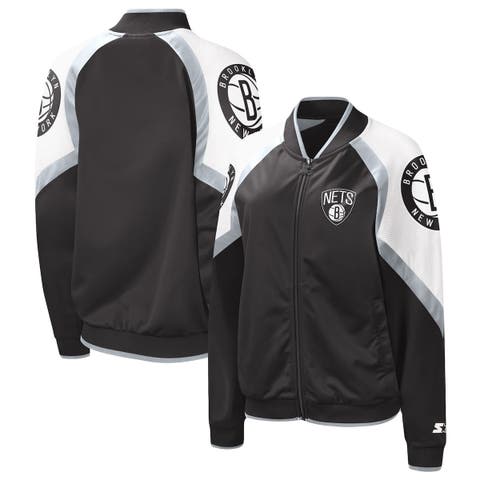 Women's Starter Black/Silver Brooklyn Nets Fan Girl Satin Raglan Full-Zip Jacket