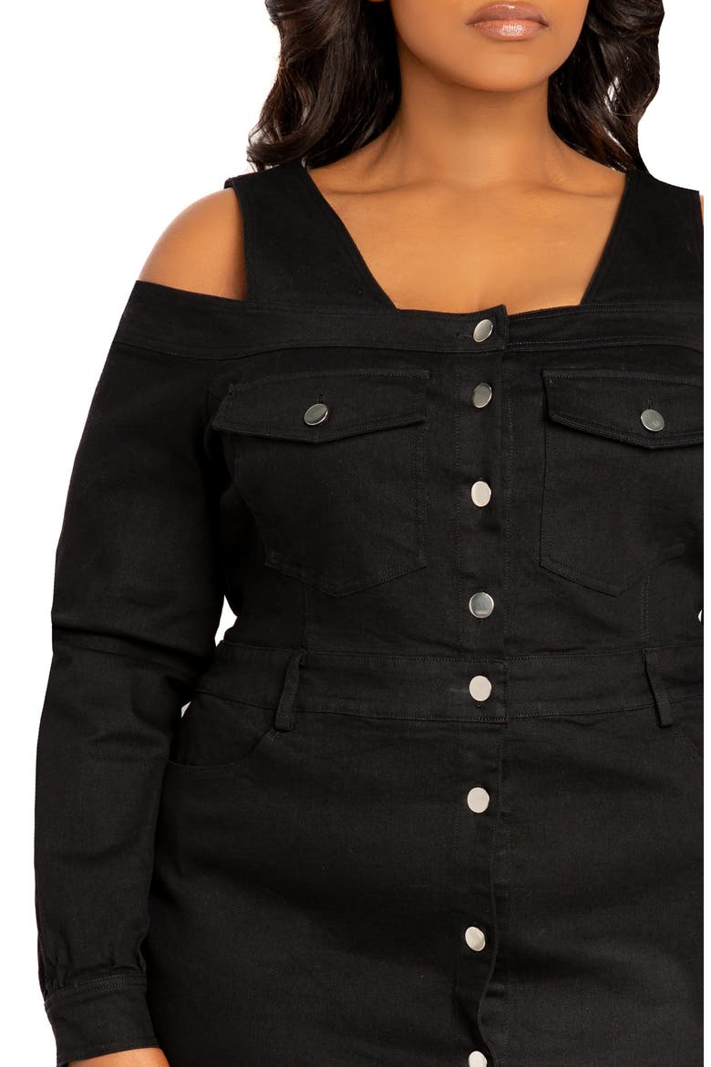 Off the Shoulder Long Sleeve Denim Dress, Alternate, color, DENIM BLACK
