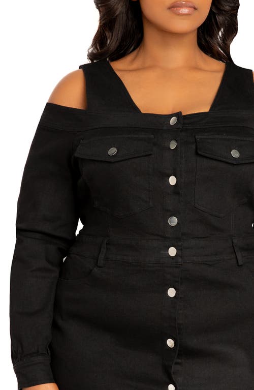 Buxom Couture Off The Shoulder Long Sleeve Denim Dress In Denim Black