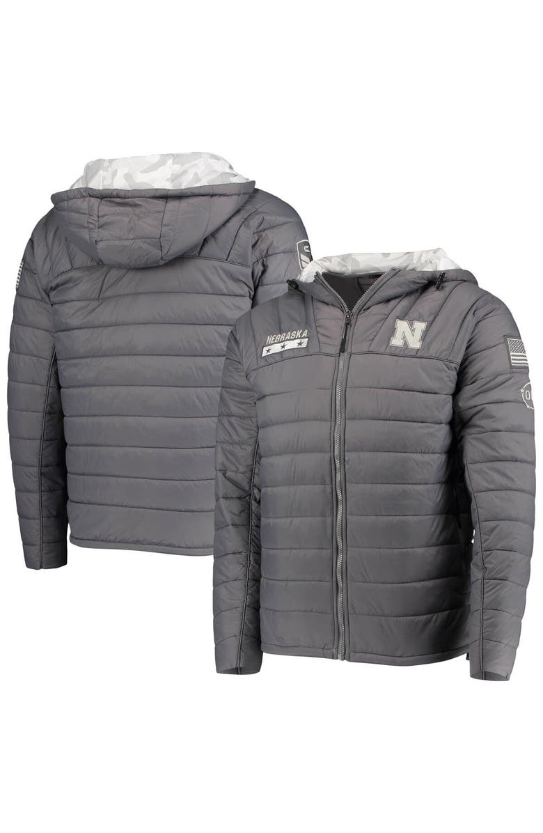 COLOSSEUM Men's Colosseum Gray/Camo Nebraska Huskers OHT Military Appreciation Iceman Snow Puffer Full-Zip Hoodie Jacket, Main, color,
