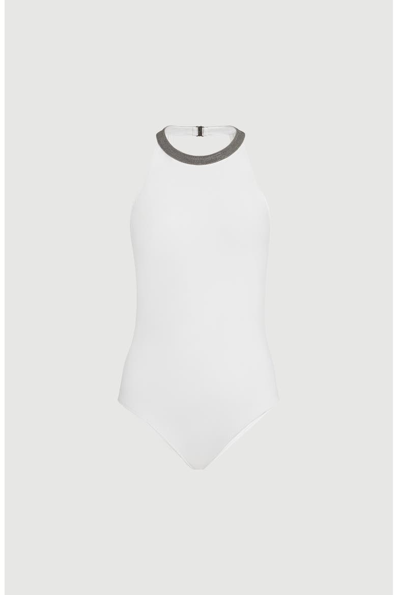 Techno jersey bathing suit with precious collar, Main, color, White
