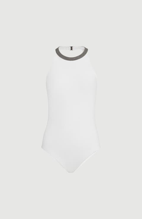 Techno jersey bathing suit with precious collar
