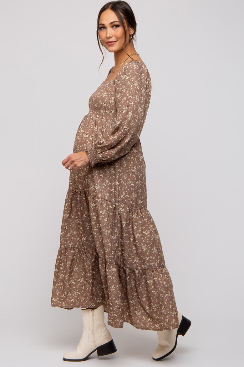 Floral Smocked Long Sleeve Maxi Dress, Alternate, color, Mocha