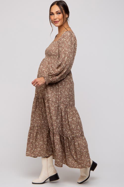 Pinkblush Floral Smocked Long Sleeve Maxi Dress In Brown