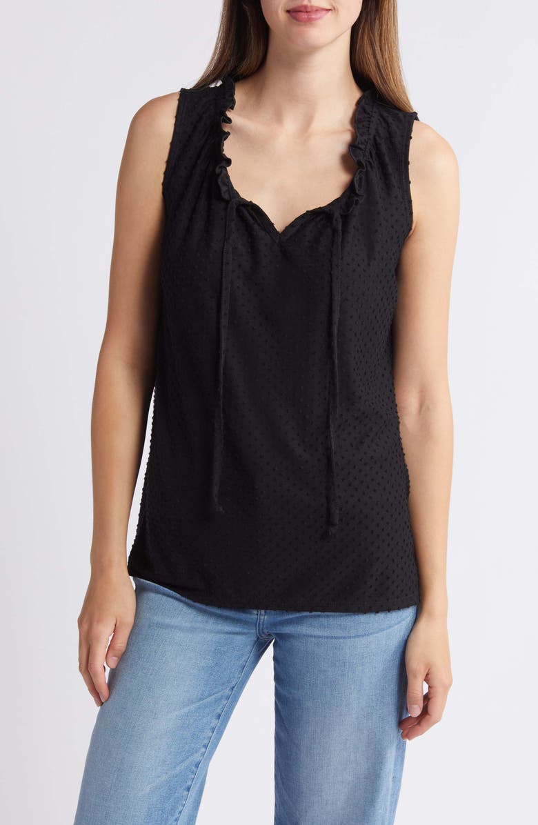 Loveappella Tie Neck Swiss Dot Sleeveless Knit Top, Main, color, Black