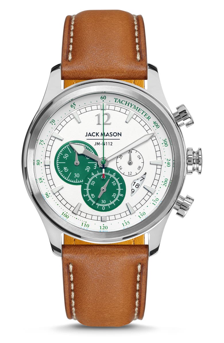 Jack Mason Nautical Chronograph Leather Strap Watch, 42mm, Main, color, 