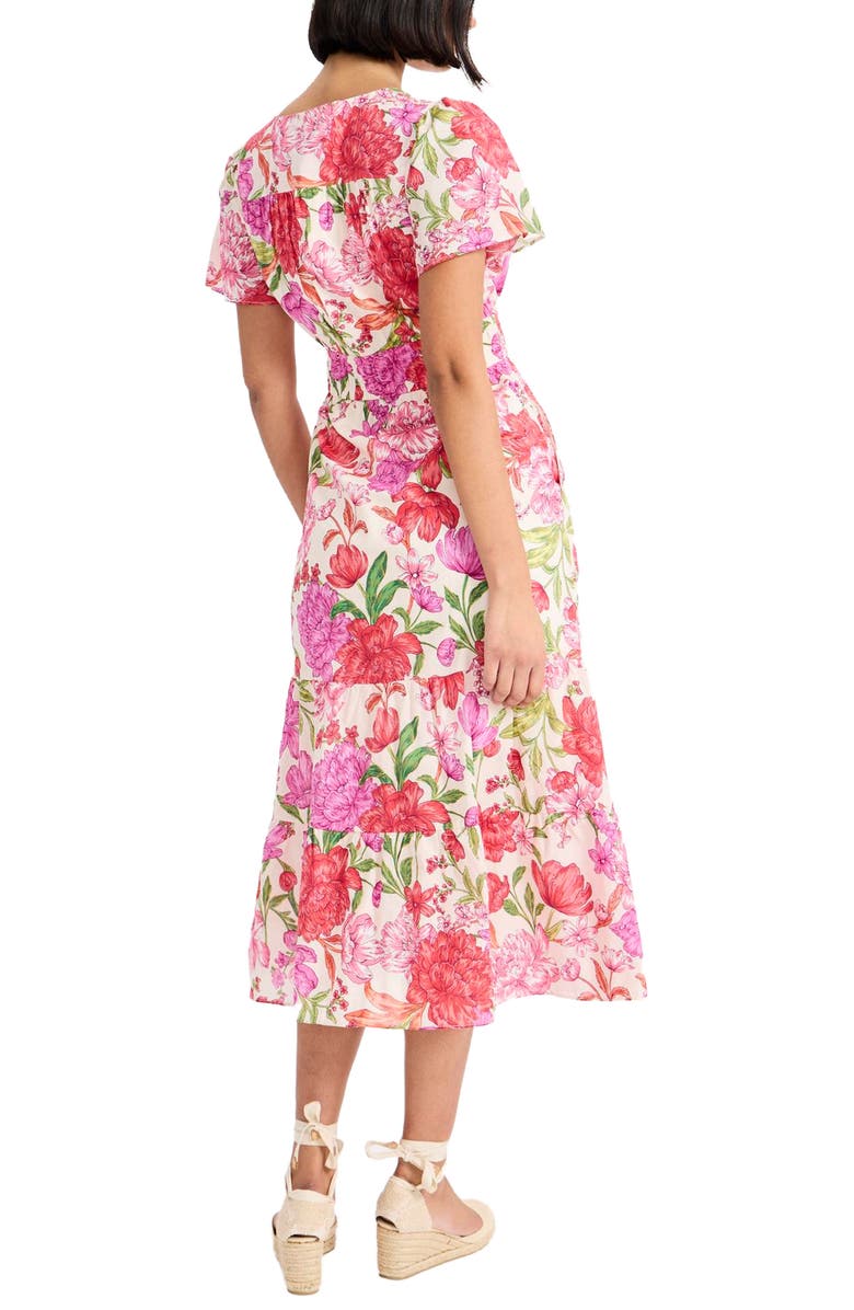 Maggy London Floral V-Neck Short Sleeve Tiered Midi Dress, Alternate, color, Cream/ Pink