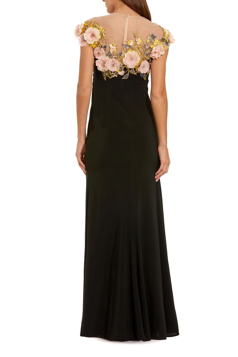 Jersey Column Gown With 3D Flower Embellishments, Alternate, color, Black Multi
