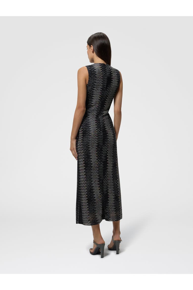 Flared Midi Dress In Viscose Lamé Chevron, Alternate, color, Black