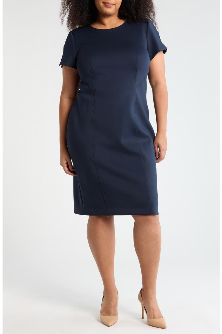 Short Sleeve Scuba Knit Sheath Dress, Main, color, INDIGO