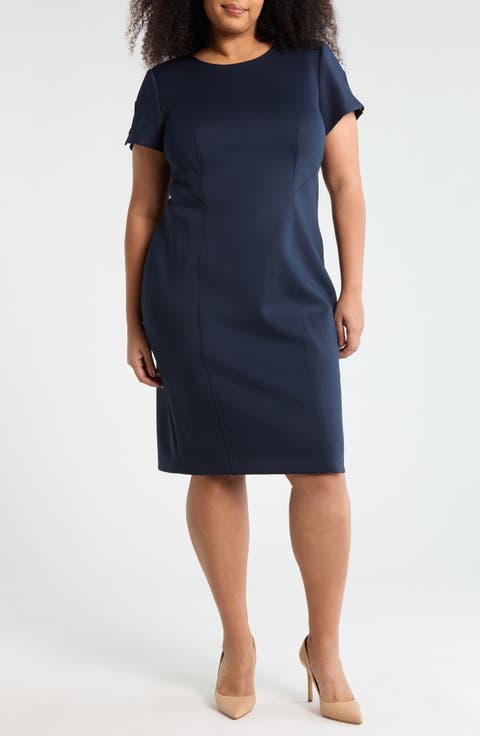 Short Sleeve Scuba Knit Sheath Dress (Plus)