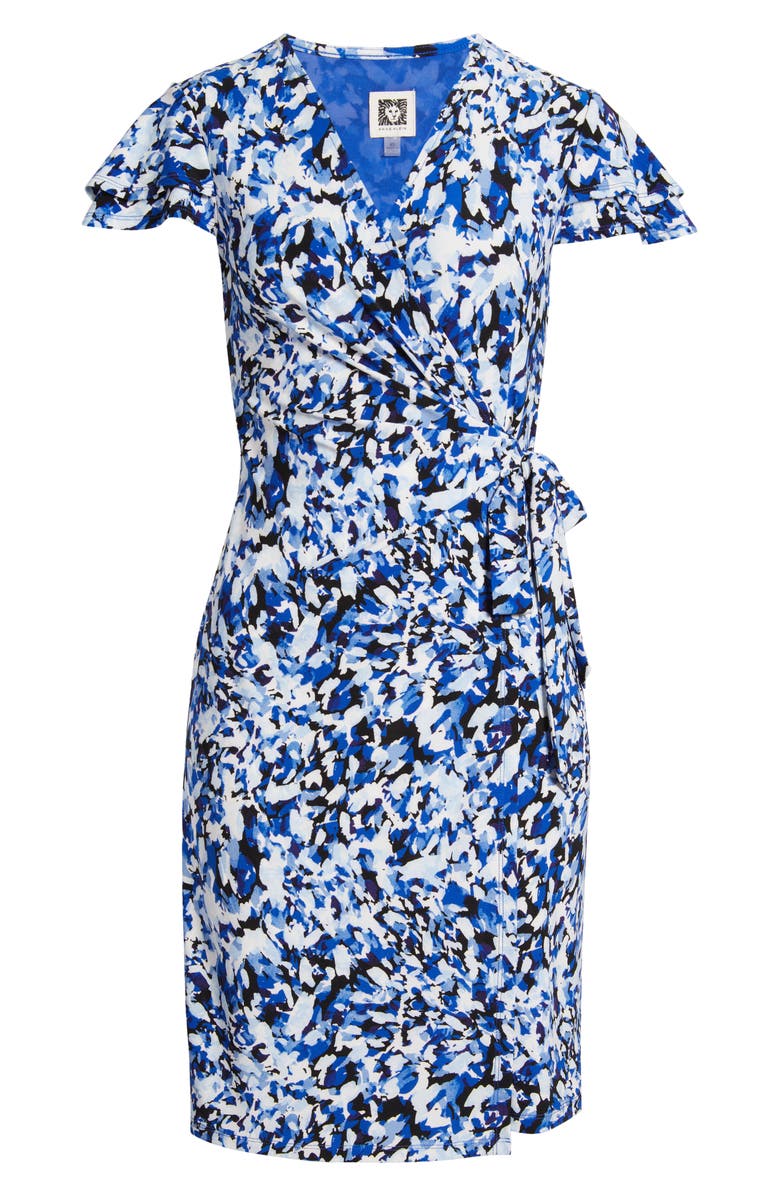 Anne Klein Abstract Print Flutter Sleeve Wrap Dress, Alternate, color, Anne Black Multi