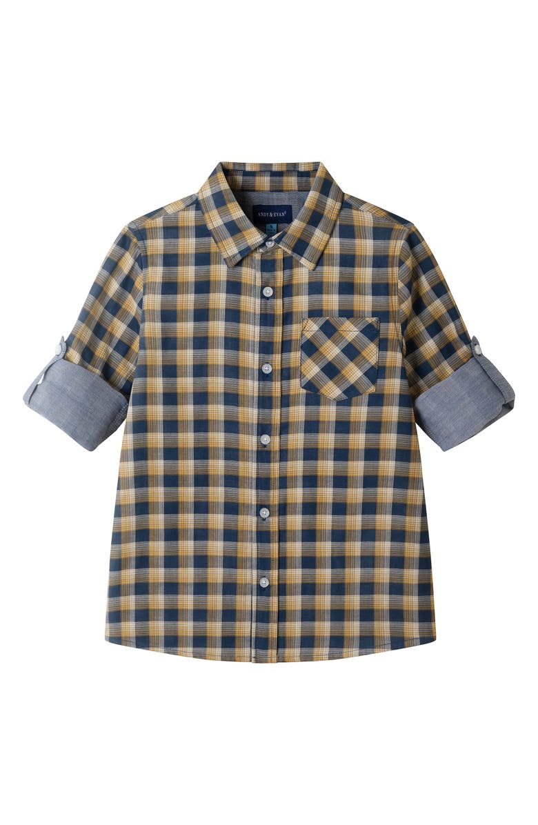 Andy & Evan Kids' Plaid Cotton Button-Up Shirt, Alternate, color, Navy