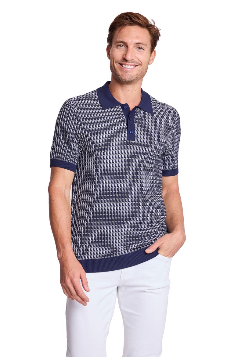 Trim Fit Geometric Knit Polo, Alternate, color, CRISP NAVY & WHITE