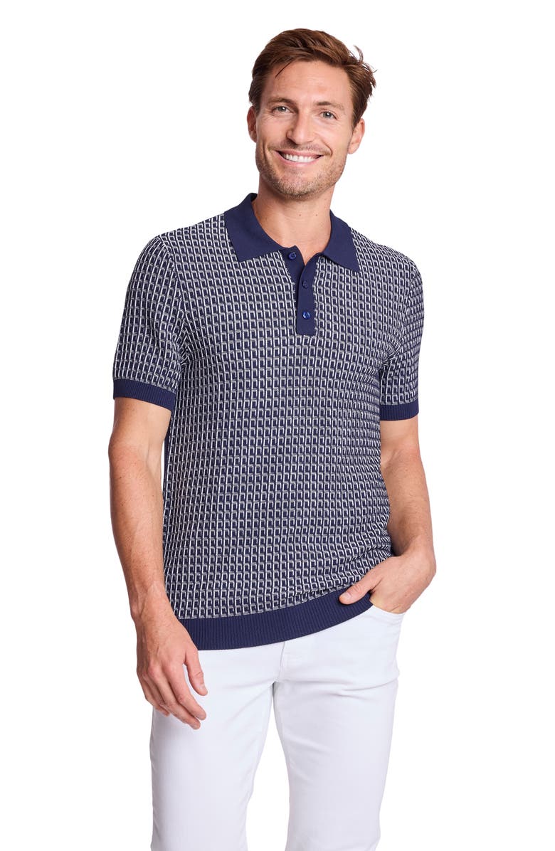 PAISLEY & GRAY Trim Fit Geometric Knit Polo, Alternate, color, Crisp Navy & White