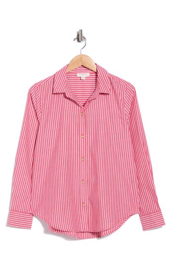 Beachlunchlounge Bentley Stripe Long Sleeve Cotton Button-up Shirt In Currant Red