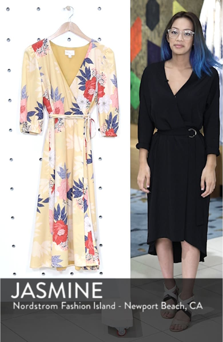 Floral Print Faux Wrap Midi Dress, sales video thumbnail