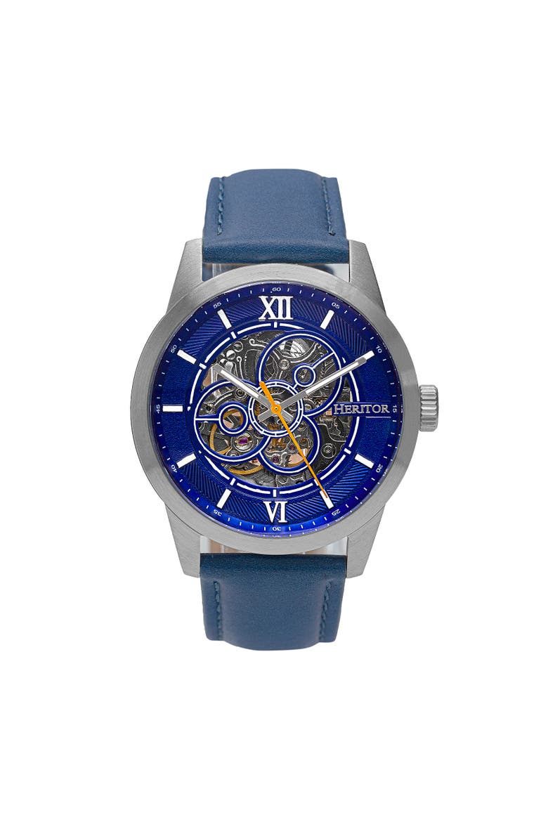 Jonas Leather-Band Skeleton Watch, Main, color, Silver/Blue