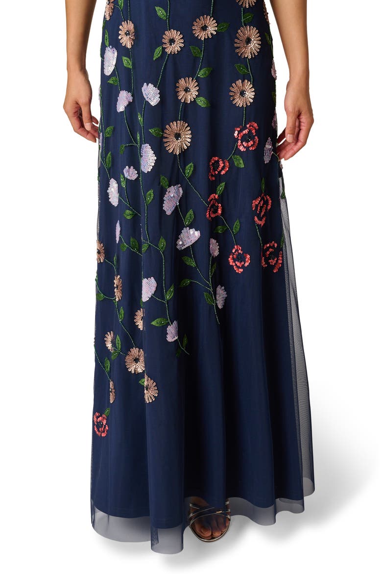 Beaded One-Shoulder Mesh Gown, Alternate, color, NAVY MULTI