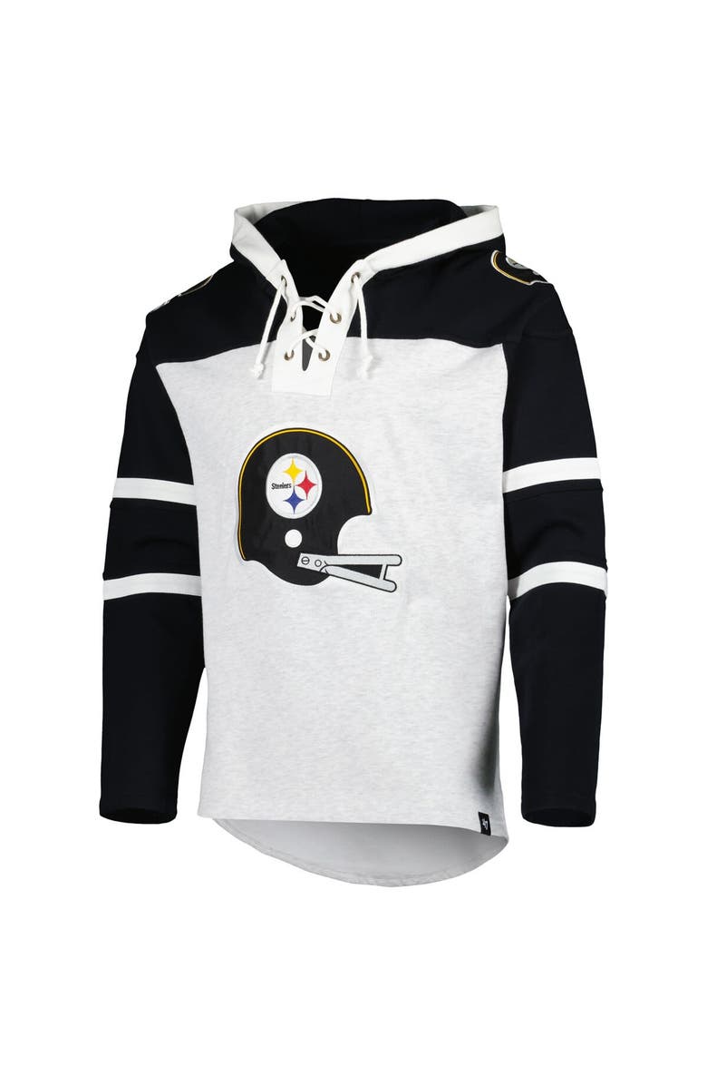 '47 Men's '47 Pittsburgh Steelers Heather Gray Historic Logo Gridiron Lace-Up Pullover Hoodie, Alternate, color, Gray