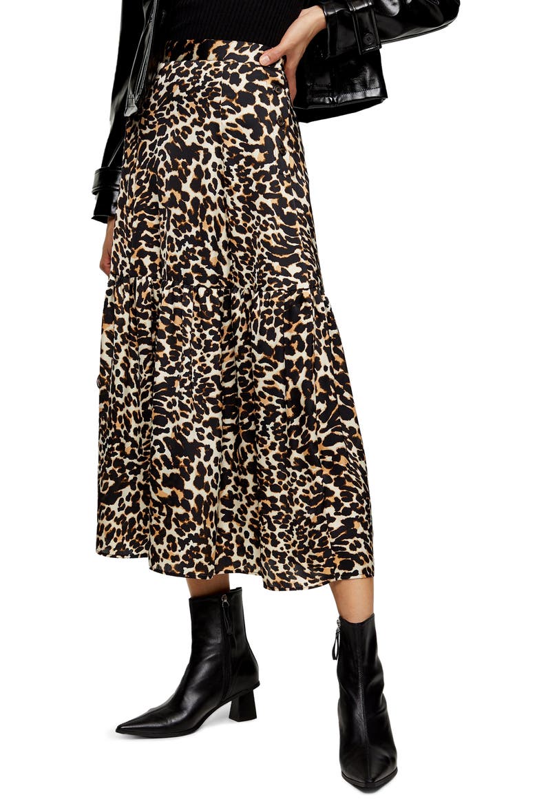 Leopard Print Tiered Midi Skirt, Main, color, LEOPARD