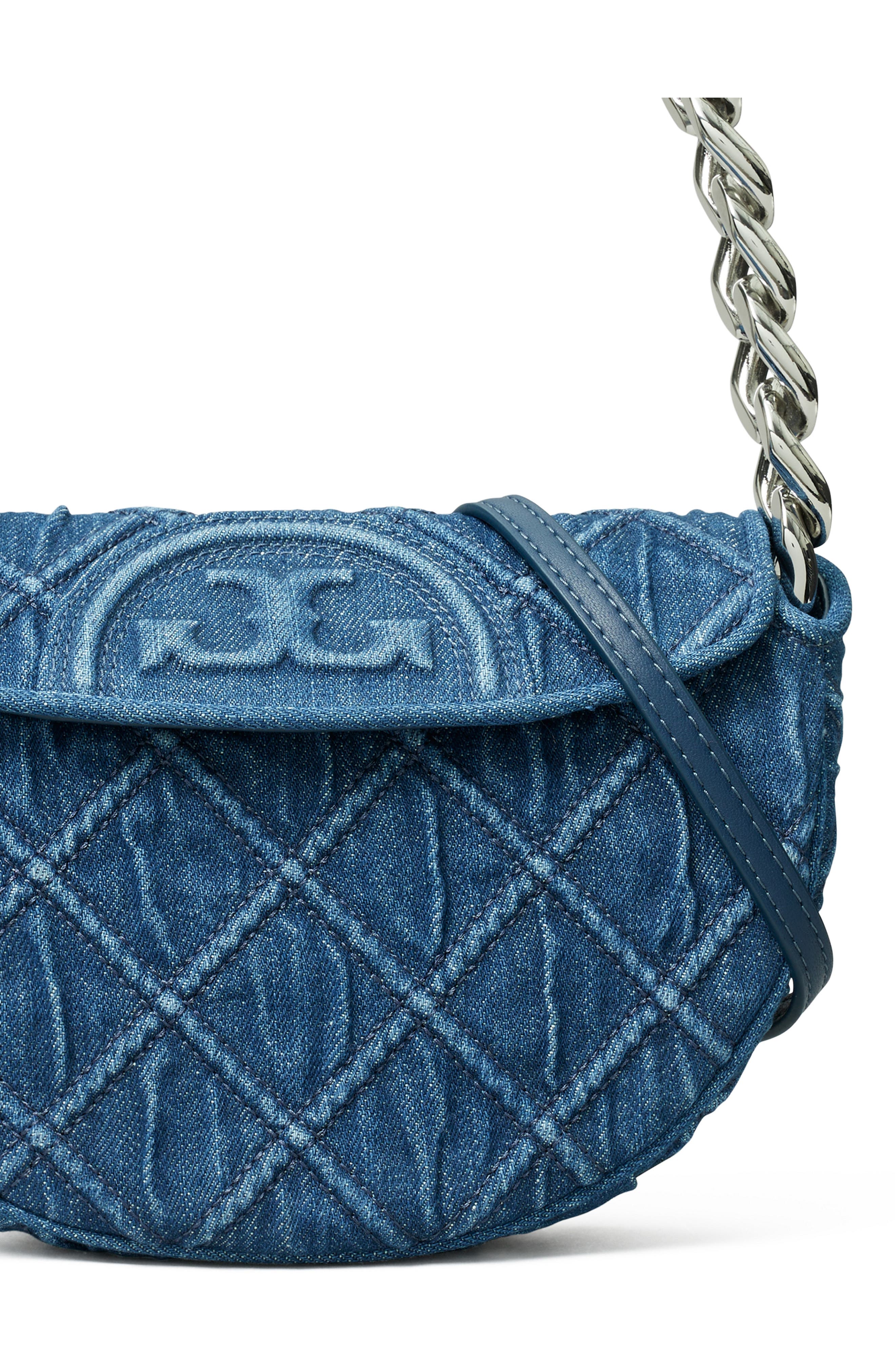 Tory Burch Mini Fleming Soft Denim Crescent Bag, Alternate, color, 