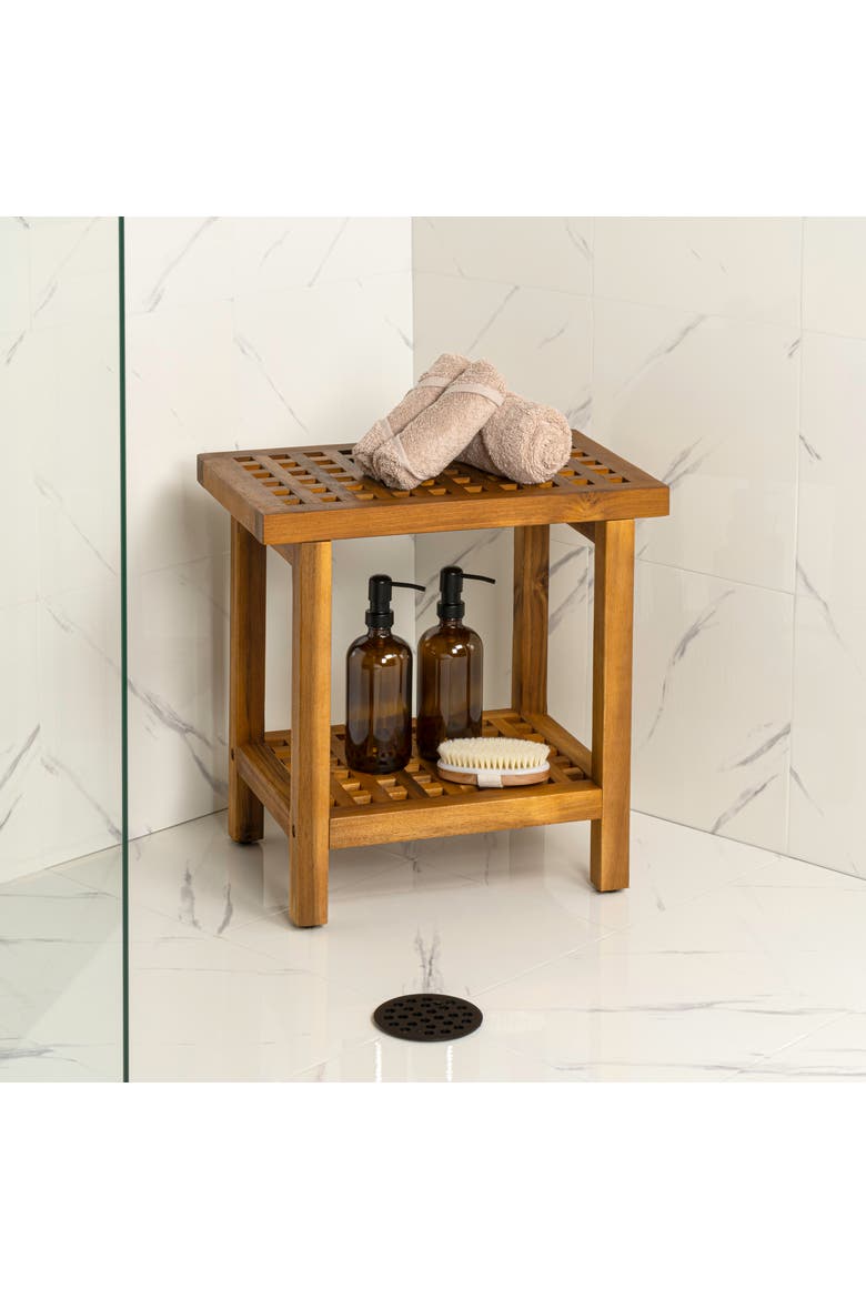 Armin Modern Acacia Wood Shower Stool with Storage Shelf, Heavy Duty Slatted Bath Spa Bench for Bathroom, Shower Entryway, Alternate, color, Natural