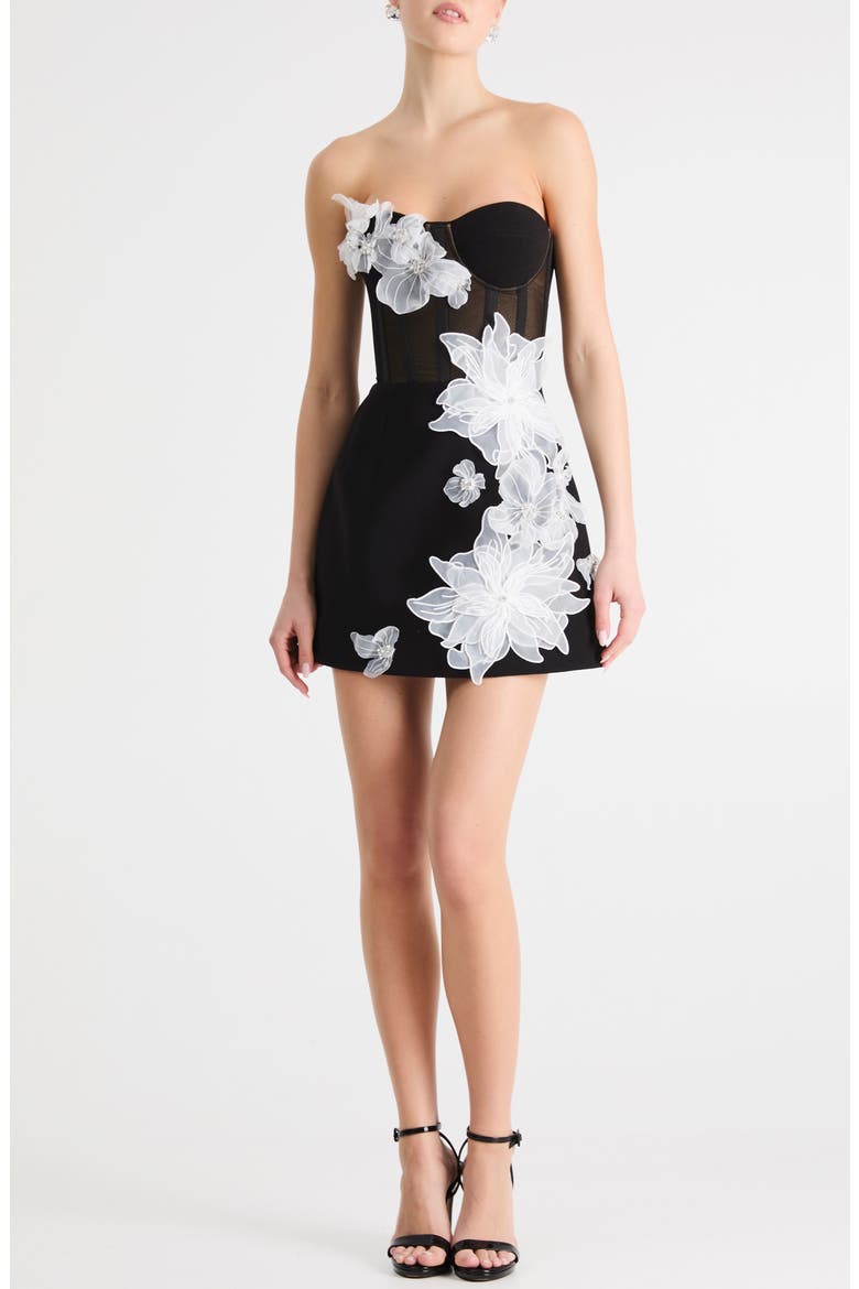 Priscilla Floral Appliqué Strapless Minidress, Main, color, BLACK/ WHITE