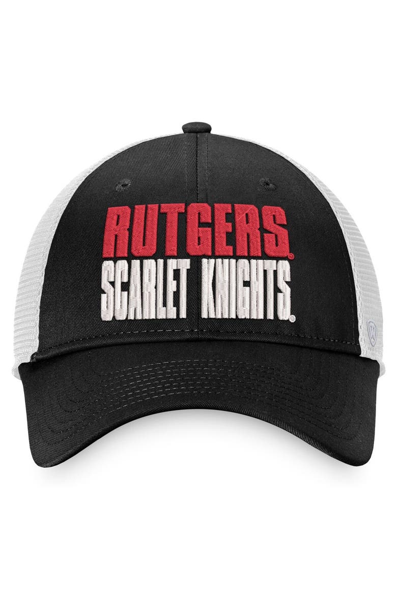 Men's Top of the World Black/White Rutgers Scarlet Knights Stockpile Trucker Snapback Hat, Alternate, color, Black