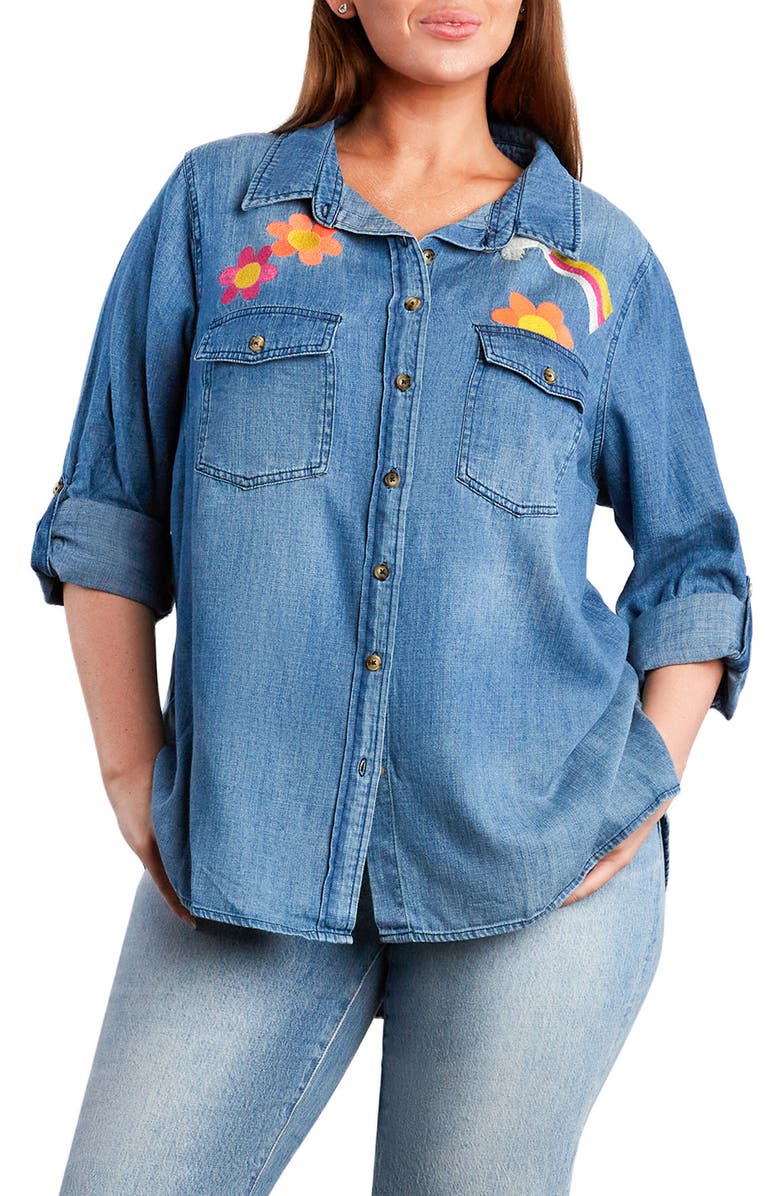 Billy T Peace & Love Embroidered Denim Button-Up Shirt, Main, color, Light Wash Blue