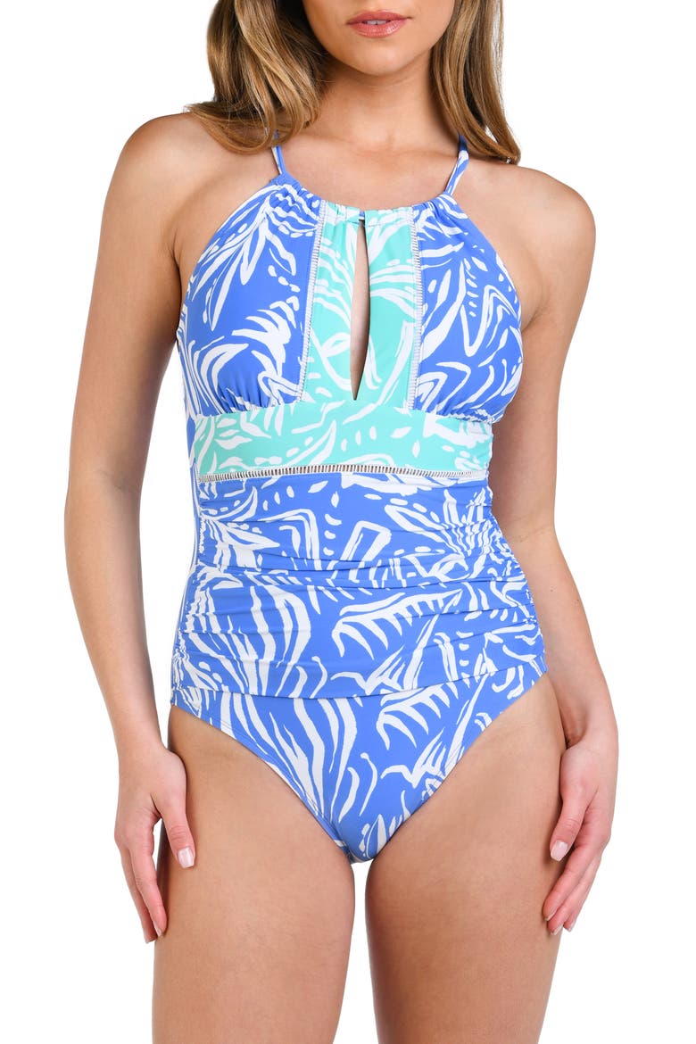 Beachside Bay High Neck Keyhole One-Piece Swimsuit, Main, color, CHAMBRAY