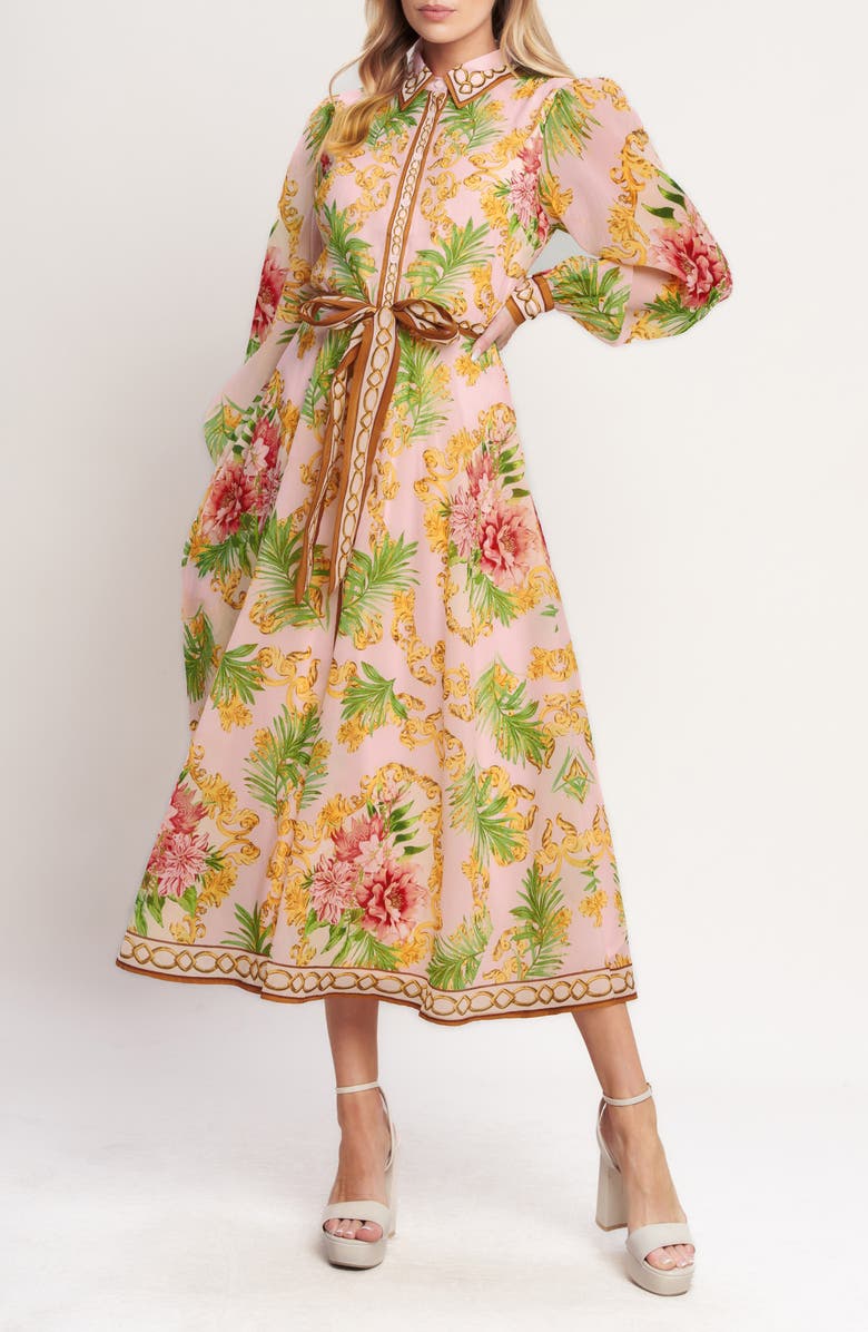 FLYING TOMATO Print Long Sleeve Maxi Shirtdress, Main, color, Pink