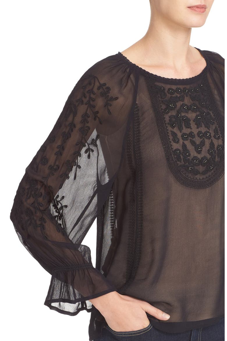 Metta Embroidered Peasant Blouse, Alternate, color, CAVIAR