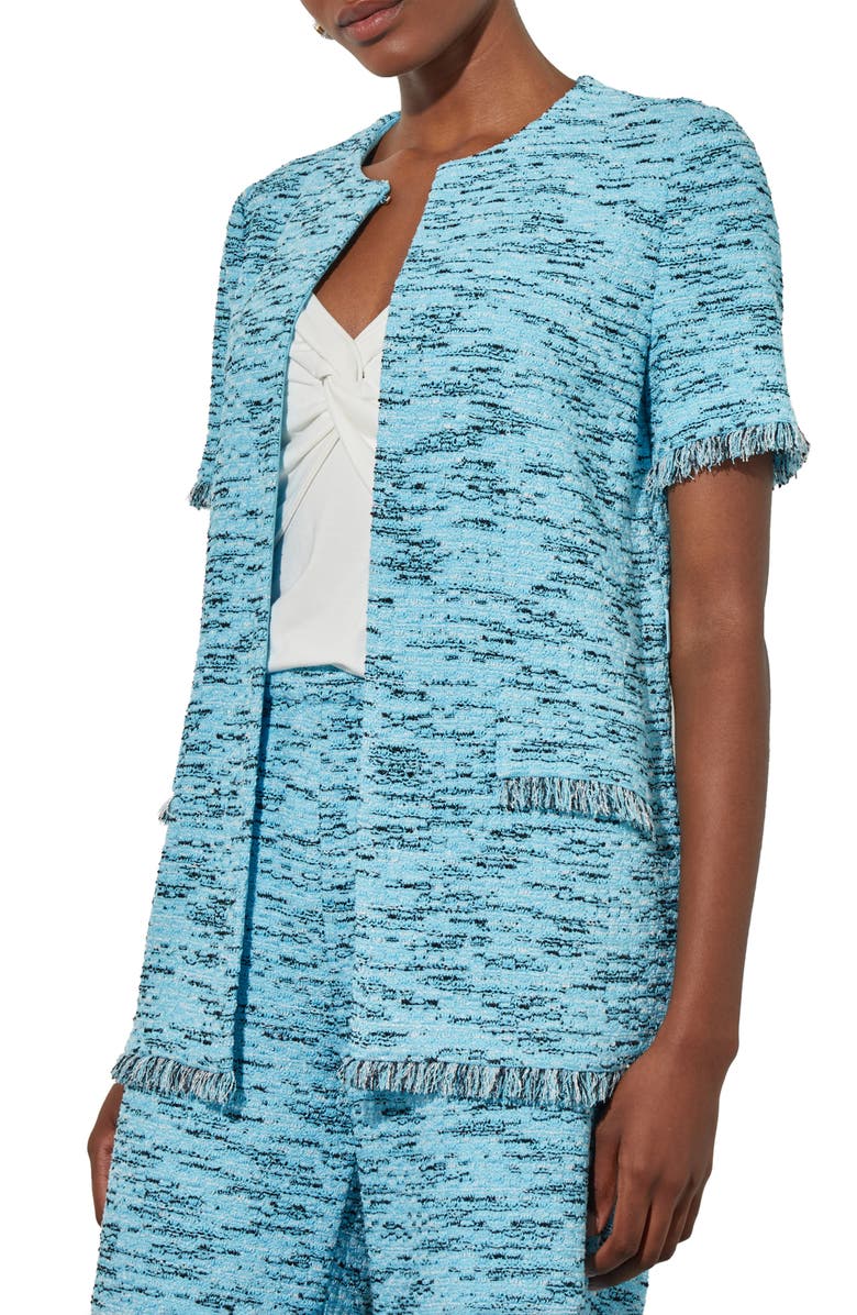 Ming Wang Fringe Trim Belted Short Sleeve Tweed Jacket, Alternate, color,