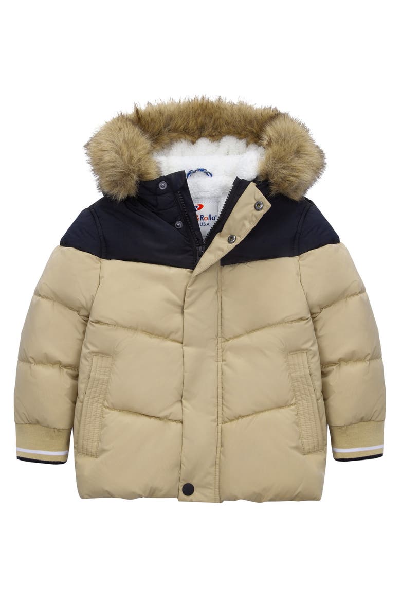 Fleece Lined  Puffer Coat with Removable Trim, Main, color, Khaki