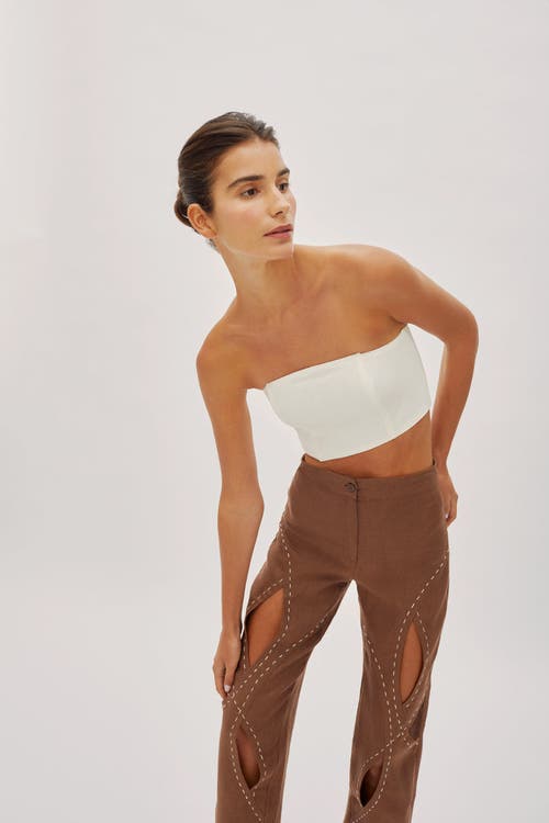 Labeca London Asher Cappuccino Linen Cut Out Contrast Stitch Pants In Brown