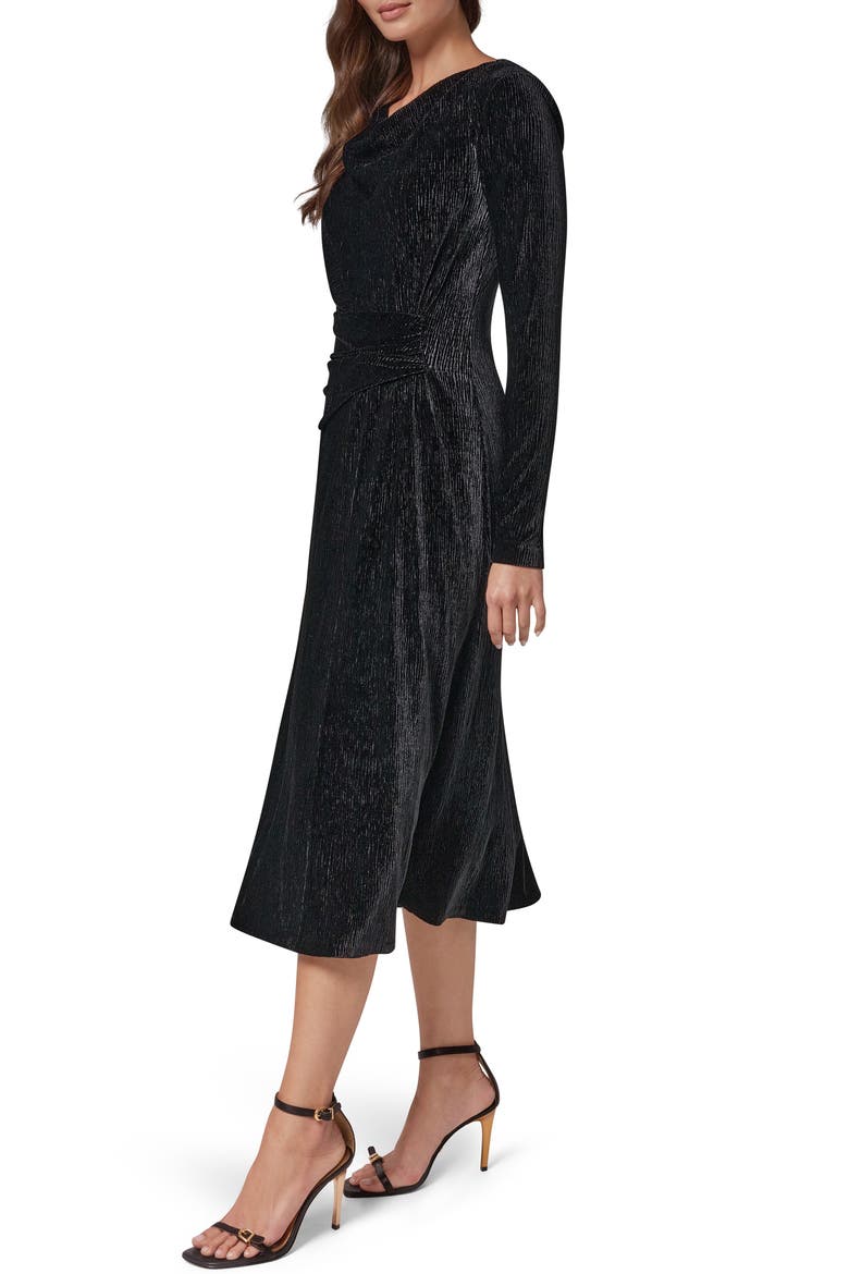 Crinkled Velvet Cowl Neck Long Sleeve Midi Dress, Alternate, color, BLACK