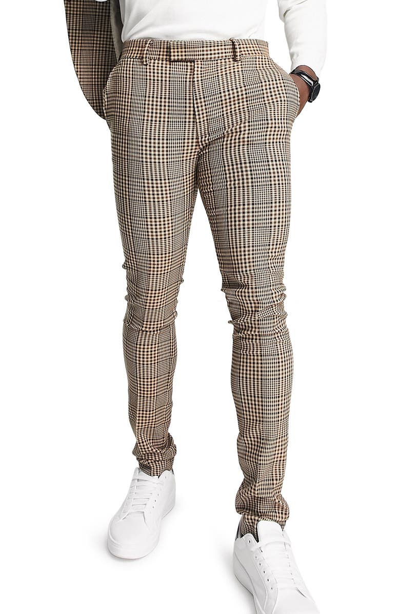 Topman Glen Plaid Super Skinny Stretch Flat Front Pants, Main, color, 