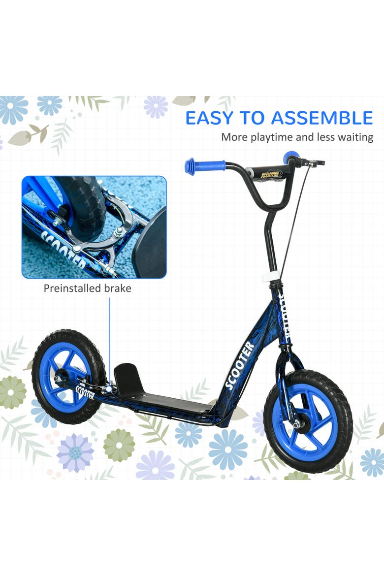 Kids Kick Scooter, Big Wheel Scooter with Adjustable Handlebar, Rear Brake, Kickstand, Non-slip Footplate, 12" EVA Wheels, for 6-12 Years, Green, Alternate, color, Blue