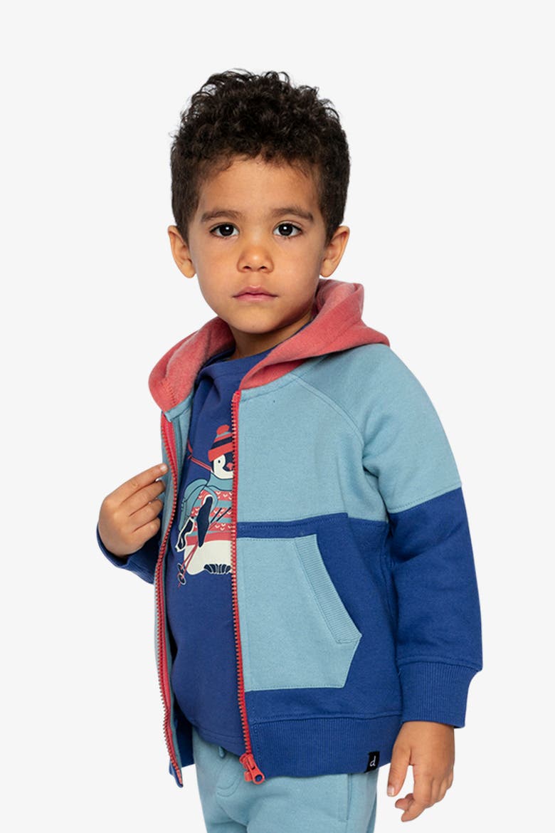 Full Zip Hooded Colorblock Front Pocket Fleece Jacket, Alternate, color, Blue, Turquoise and Orange